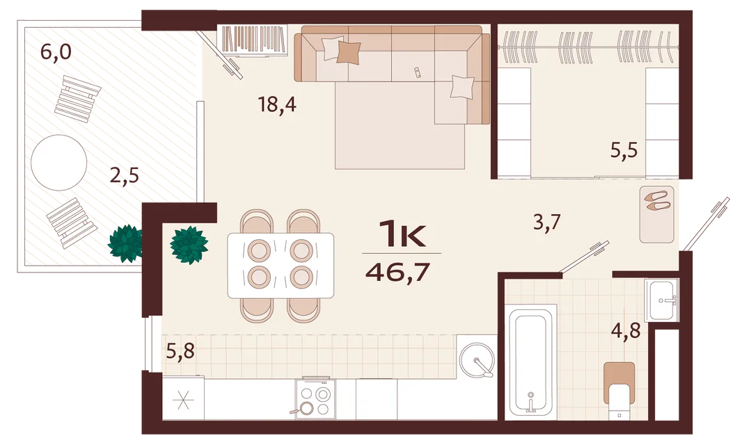 Планировка 1-комн. квартира, 46.7 м² ЖК «Роялта»