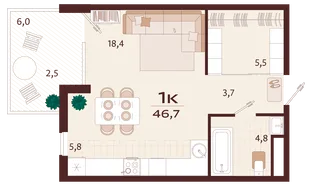Планировка 1-комн. квартира, 46.7 м² ЖК «Роялта»