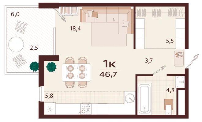 Планировка 1-комн. квартира, 46.7 м² ЖК «Роялта» Планировка 1-комн. квартира, 46.7 м² ЖК «Роялта»