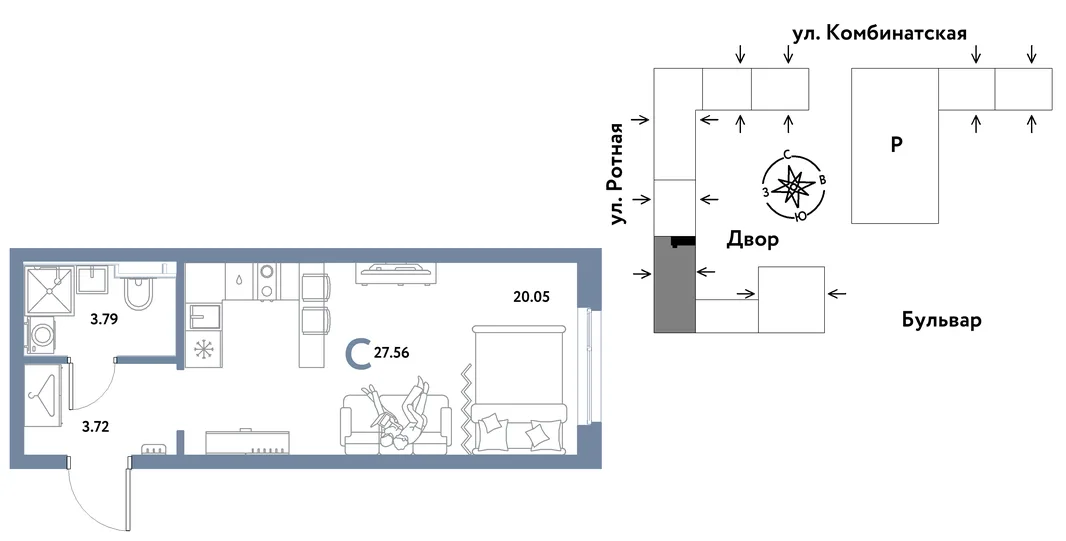 Планировка Студия, 27.42 м² ЖК «Уральский сад»