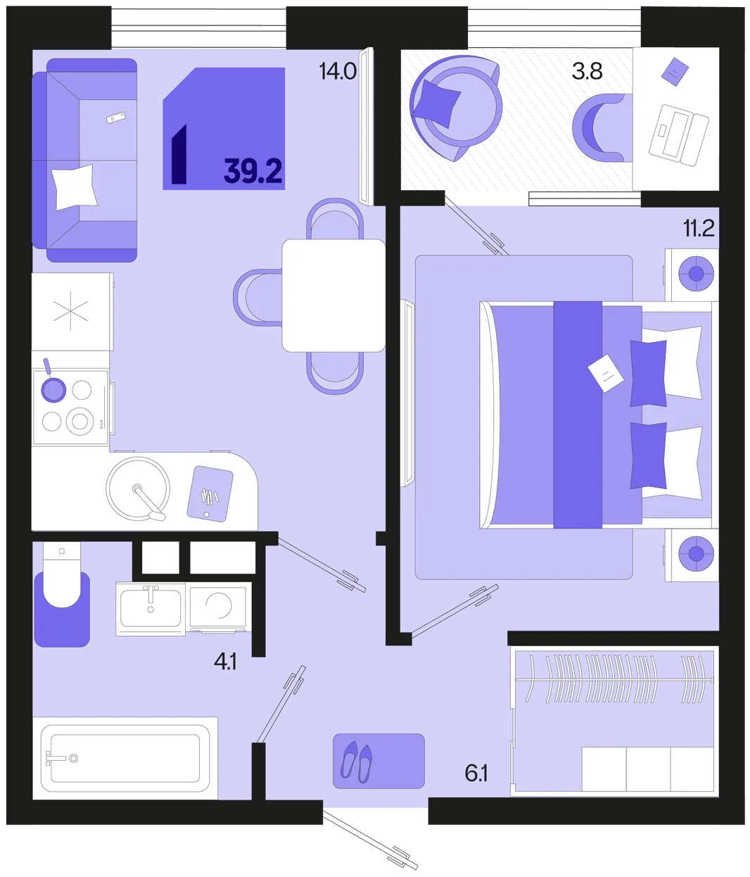 Планировка 1-комн. квартира, 39.2 м² ЖК «Первое место»