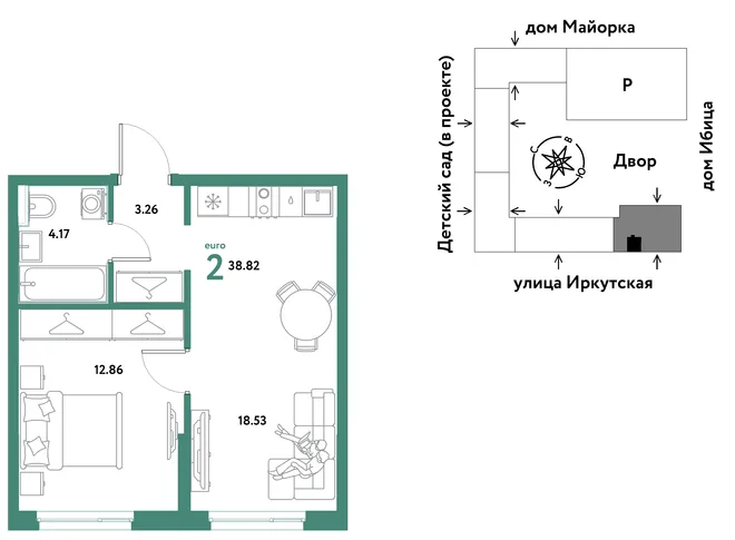Планировка 2-комн. квартира, 38.82 м² ЖК «Остров-сад» Планировка 2-комн. квартира, 38.82 м² ЖК «Остров-сад»