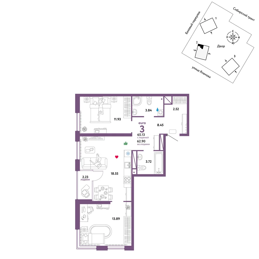 Планировка 3-комн. квартира, 65.13 м² ЖК «Сибирский сад»