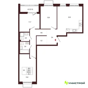Планировка 3-комн. квартира, 89.55 м² ЖК «Лисино»