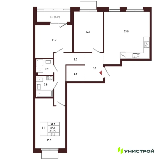 Планировка 3-комн. квартира, 89.55 м² ЖК «Лисино» Планировка 3-комн. квартира, 89.55 м² ЖК «Лисино»