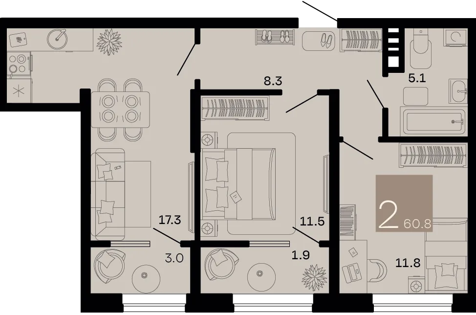 Планировка 2-комн. квартира, 60.8 м² ЖК «Хозяин морей»