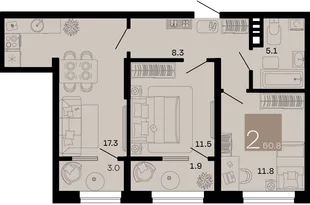 Планировка 2-комн. квартира, 60.8 м² ЖК «Хозяин морей»