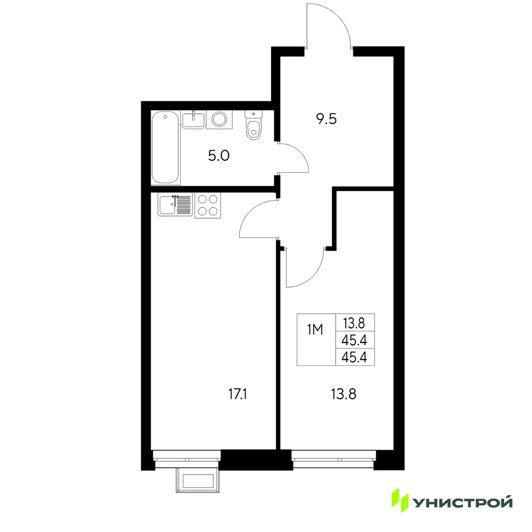 Планировка 1-комн. квартира, 45.4 м² ЖК «Стадиум»
