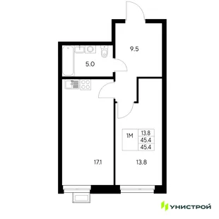 Планировка 1-комн. квартира, 45.4 м² ЖК «Стадиум»