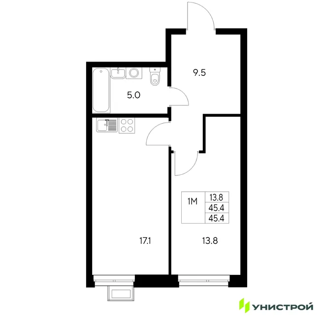 Планировка 1-комн. квартира, 45.4 м² ЖК «Стадиум» Планировка 1-комн. квартира, 45.4 м² ЖК «Стадиум»