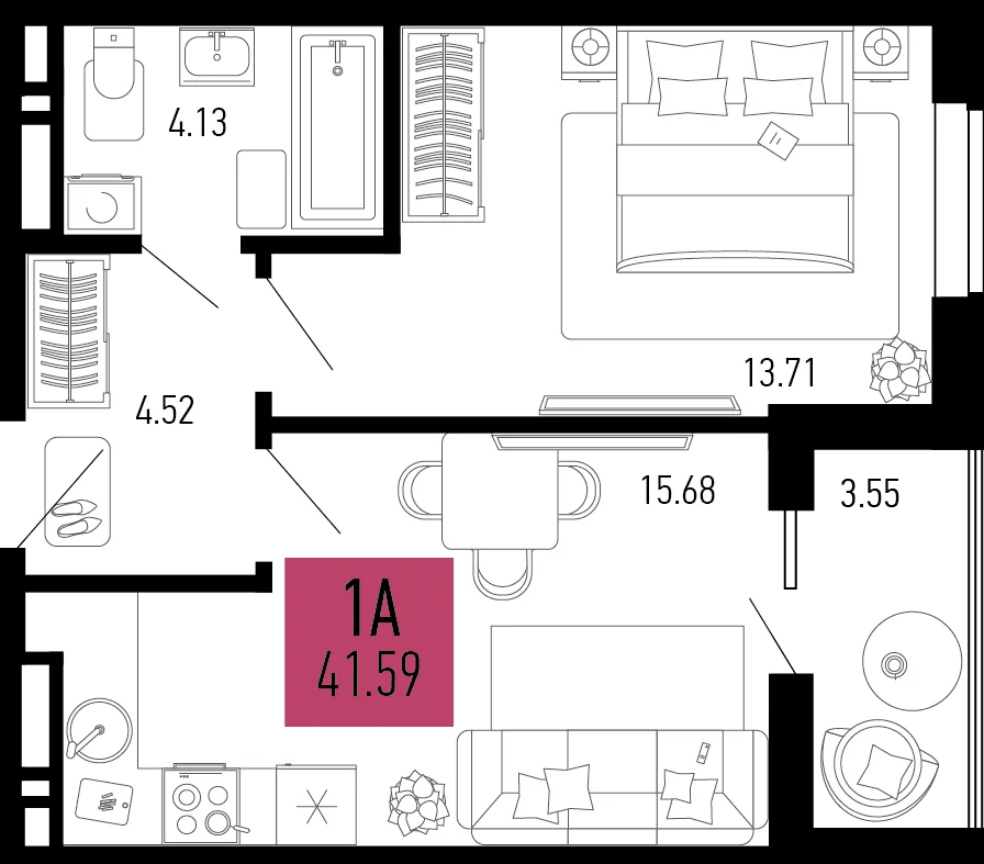 Планировка 1-комн. квартира, 41.59 м² ЖК «Столицыно»