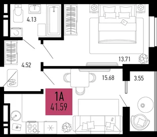Планировка 1-комн. квартира, 41.59 м² ЖК «Столицыно»