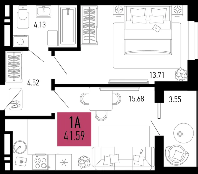 Планировка 1-комн. квартира, 41.59 м² ЖК «Столицыно» Планировка 1-комн. квартира, 41.59 м² ЖК «Столицыно»