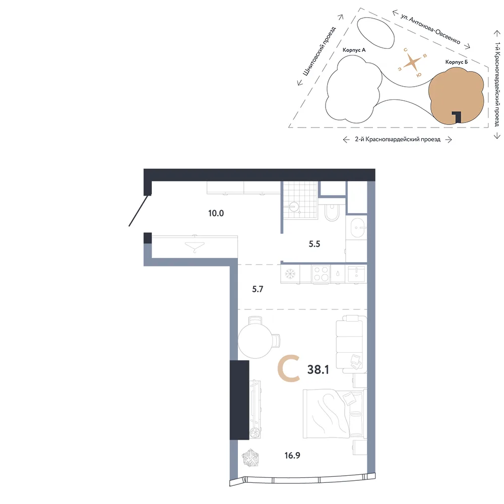 Планировка Студия, 38.1 м² ЖК «АУРУС Резиденции»
