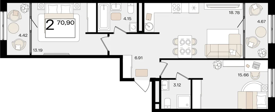 Планировка 2-комн. квартира, 70.9 м² ЖК «Патрики»