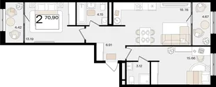 Планировка 2-комн. квартира, 70.9 м² ЖК «Патрики»