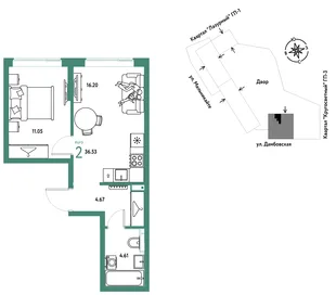 Планировка 2-комн. квартира, 36.53 м² ЖК «Страна Прибрежная»