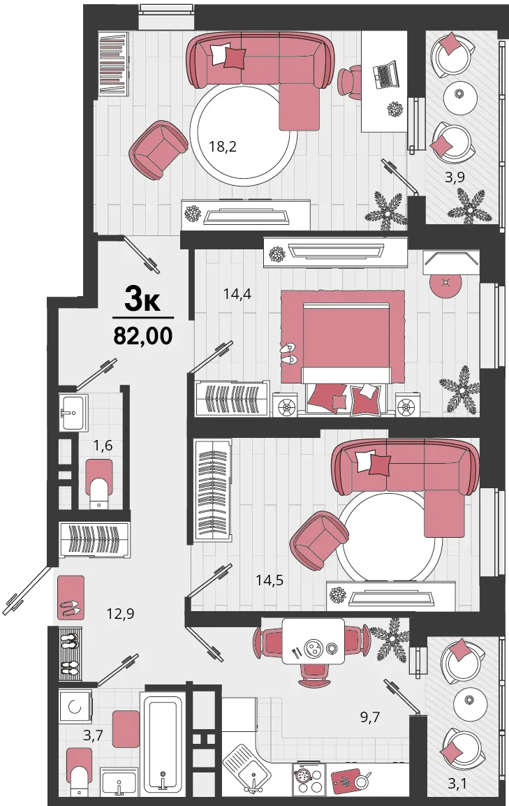 Планировка 3-комн. квартира, 82 м² ЖК «Родные просторы»