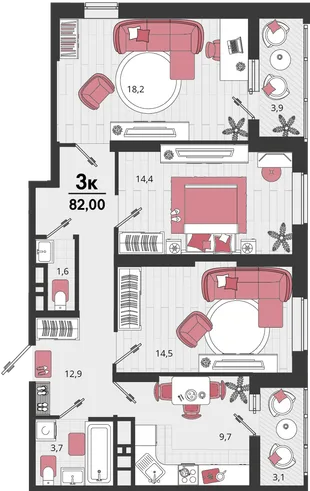 Планировка 3-комн. квартира, 82 м² ЖК «Родные просторы»