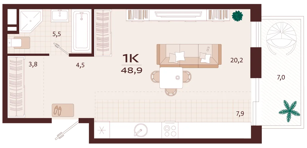 Планировка 1-комн. квартира, 48.9 м² ЖК «Роялта»