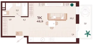 Планировка 1-комн. квартира, 48.9 м² ЖК «Роялта»