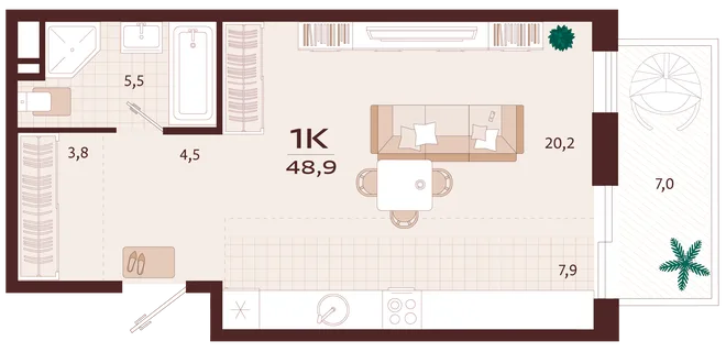 Планировка 1-комн. квартира, 48.9 м² ЖК «Роялта» Планировка 1-комн. квартира, 48.9 м² ЖК «Роялта»