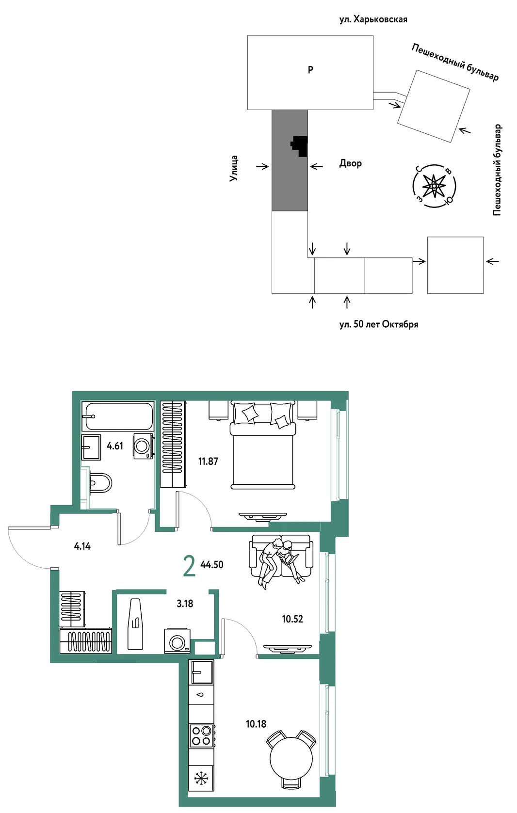 Планировка 2-комн. квартира, 44.5 м² ЖК «Сердце Сибири»