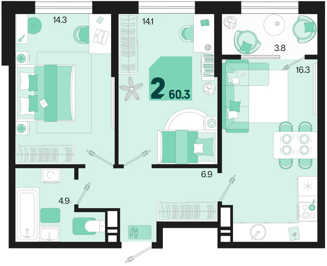 Планировка 2-комн. квартира, 60.3 м² ЖК «Первое место»