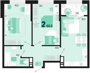 Планировка 2-комн. квартира, 60.3 м² ЖК «Первое место»