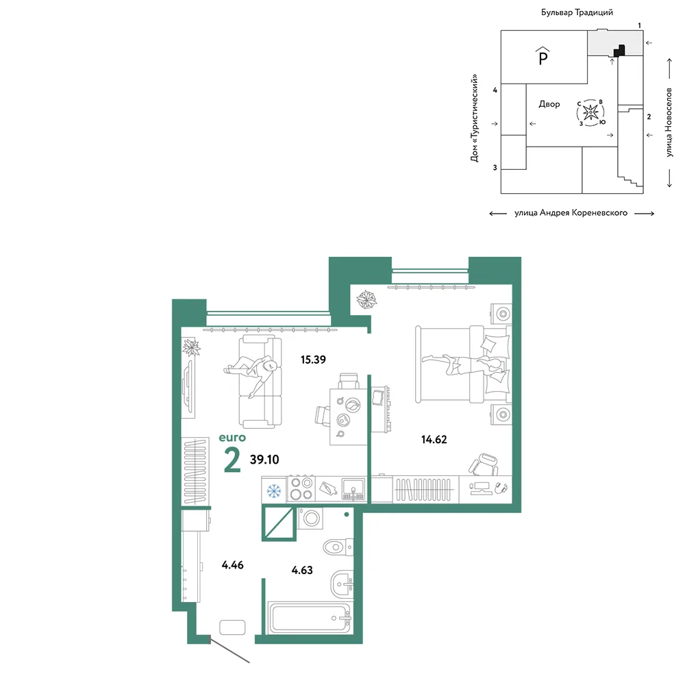 Планировка 2-комн. квартира, 39.1 м² ЖК «Микрорайон Домашний»