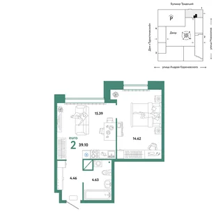 Планировка 2-комн. квартира, 39.1 м² ЖК «Микрорайон Домашний»