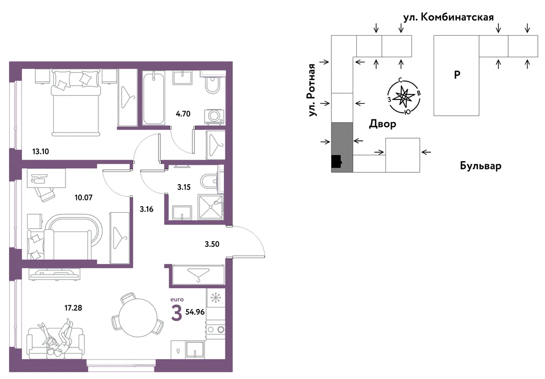 Планировка 3-комн. квартира, 54.47 м² ЖК «Уральский сад»