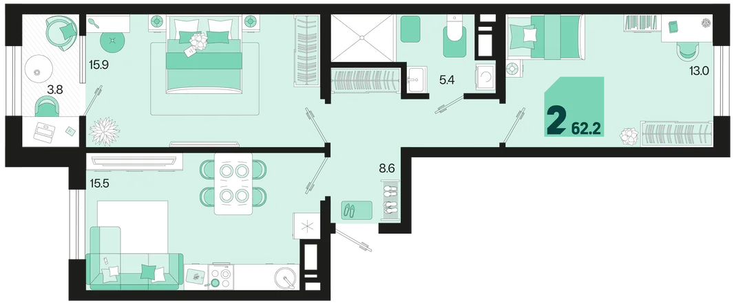 Планировка 2-комн. квартира, 62.2 м² ЖК «Первое место»