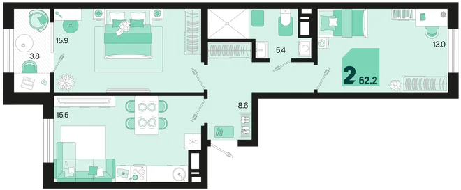 Планировка 2-комн. квартира, 62.2 м² ЖК «Первое место» Планировка 2-комн. квартира, 62.2 м² ЖК «Первое место»