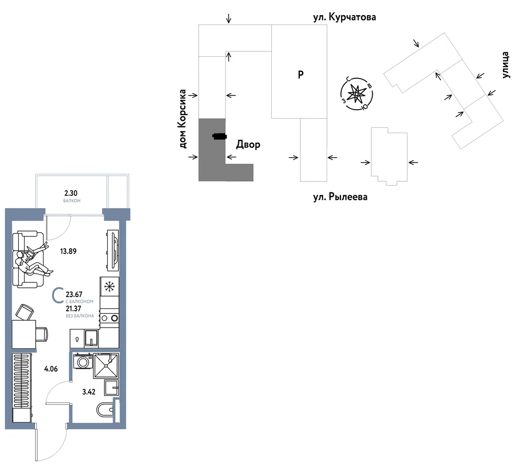 Планировка Студия, 23.67 м² ЖК «Остров-сад»