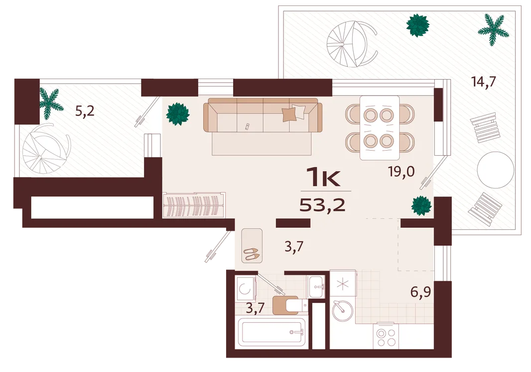 Планировка 1-комн. квартира, 53.2 м² ЖК «Роялта»