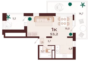 Планировка 1-комн. квартира, 53.2 м² ЖК «Роялта»