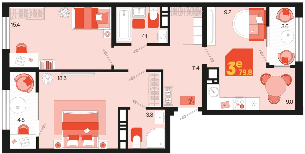 Планировка 3-комн. квартира, 79.8 м² ЖК «Первое место»