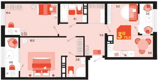 Планировка 3-комн. квартира, 79.8 м² ЖК «Первое место»