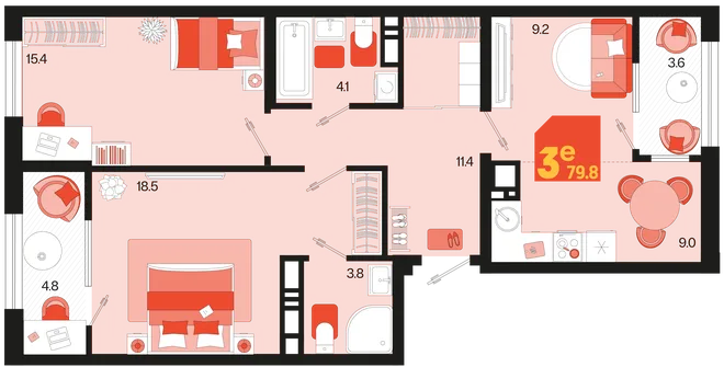 Планировка 3-комн. квартира, 79.8 м² ЖК «Первое место» Планировка 3-комн. квартира, 79.8 м² ЖК «Первое место»