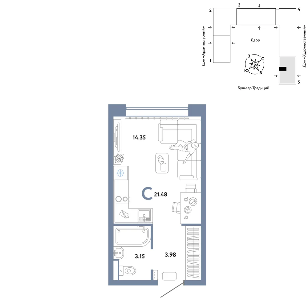 Планировка Студия, 21.48 м² ЖК «Микрорайон Домашний»