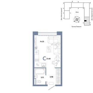 Планировка Студия, 21.48 м² ЖК «Микрорайон Домашний»