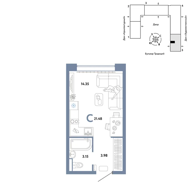 Планировка Студия, 21.48 м² ЖК «Микрорайон Домашний»