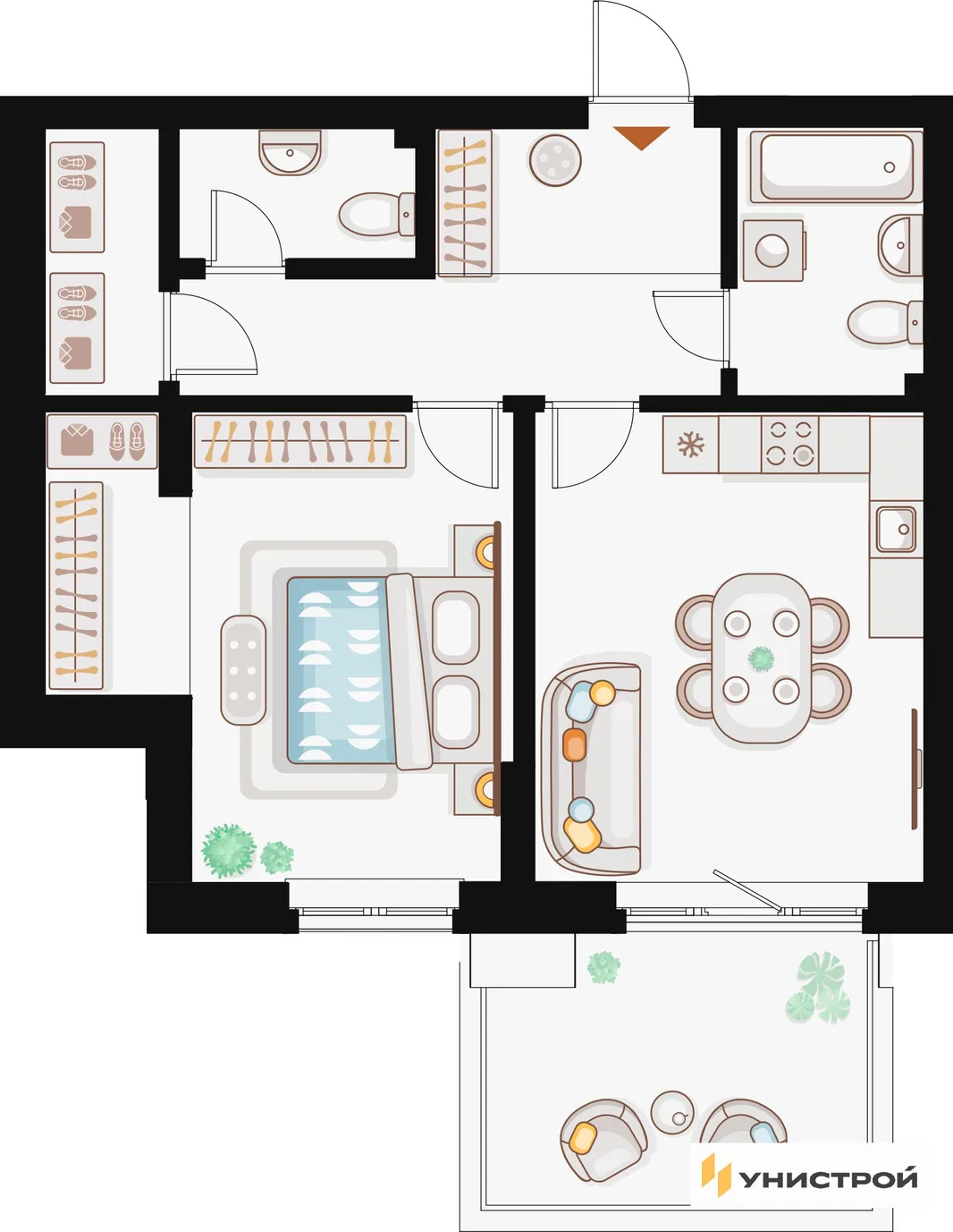 Планировка 1-комн. квартира, 58.07 м² ЖК «Жилой кластер Q на Кулагина»