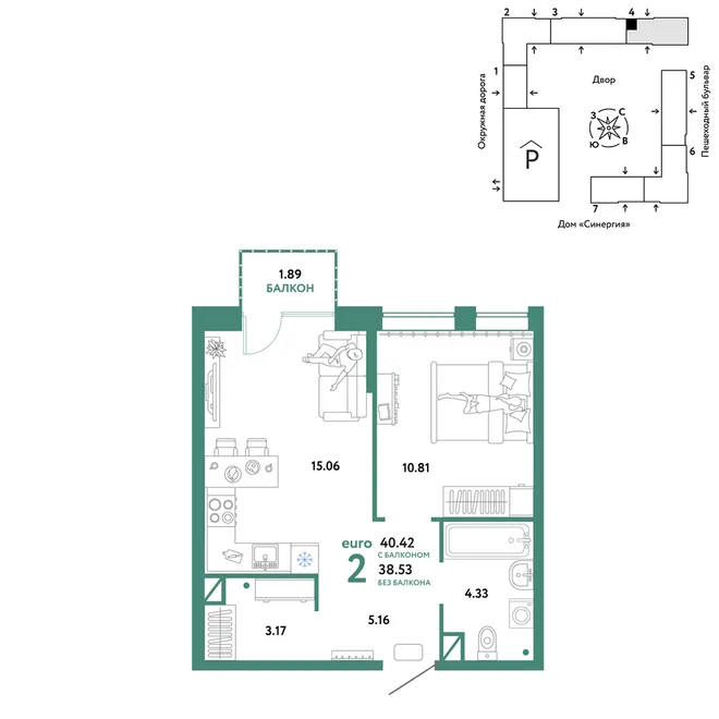 Планировка 2-комн. квартира, 40.42 м² ЖК «Юнион» Планировка 2-комн. квартира, 40.42 м² ЖК «Юнион»