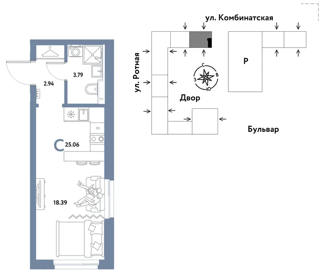 Планировка Студия, 25.06 м² ЖК «Уральский сад» Планировка Студия, 25.06 м² ЖК «Уральский сад»