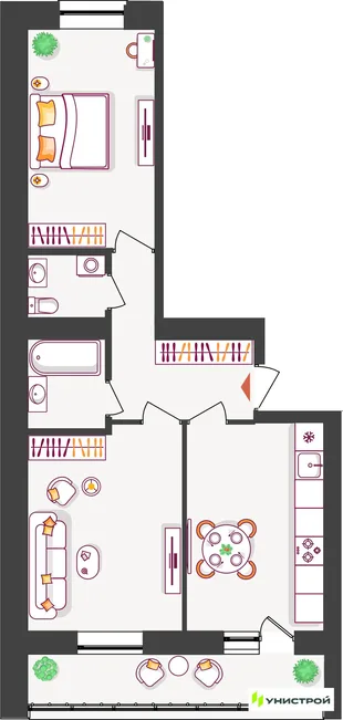 Планировка 2-комн. квартира, 54.92 м² ЖК «Южный бульвар 2»