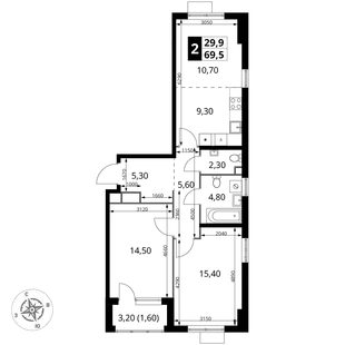 Планировка 3-комн. квартира, 69.5 м² ЖК «1-й Химкинский»