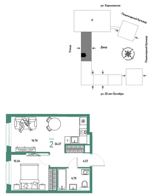Планировка 2-комн. квартира, 36.27 м² ЖК «Сердце Сибири»