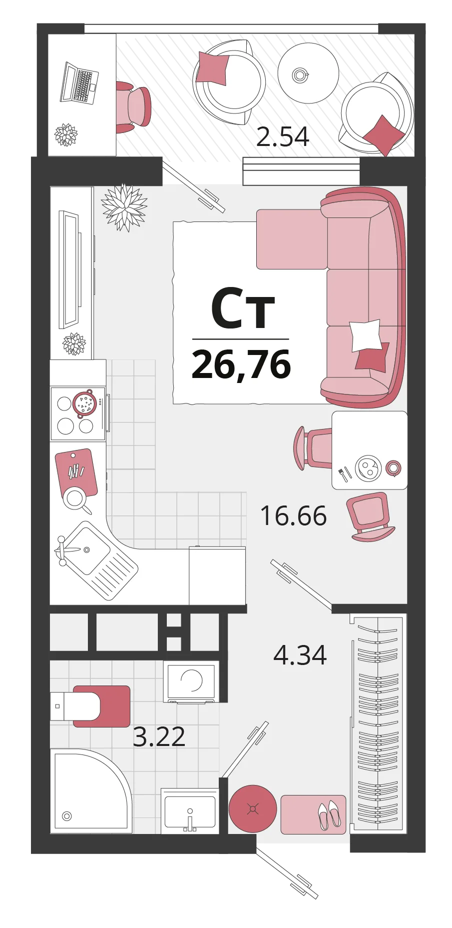 Планировка Студия, 27.15 м² ЖК «Родные просторы»